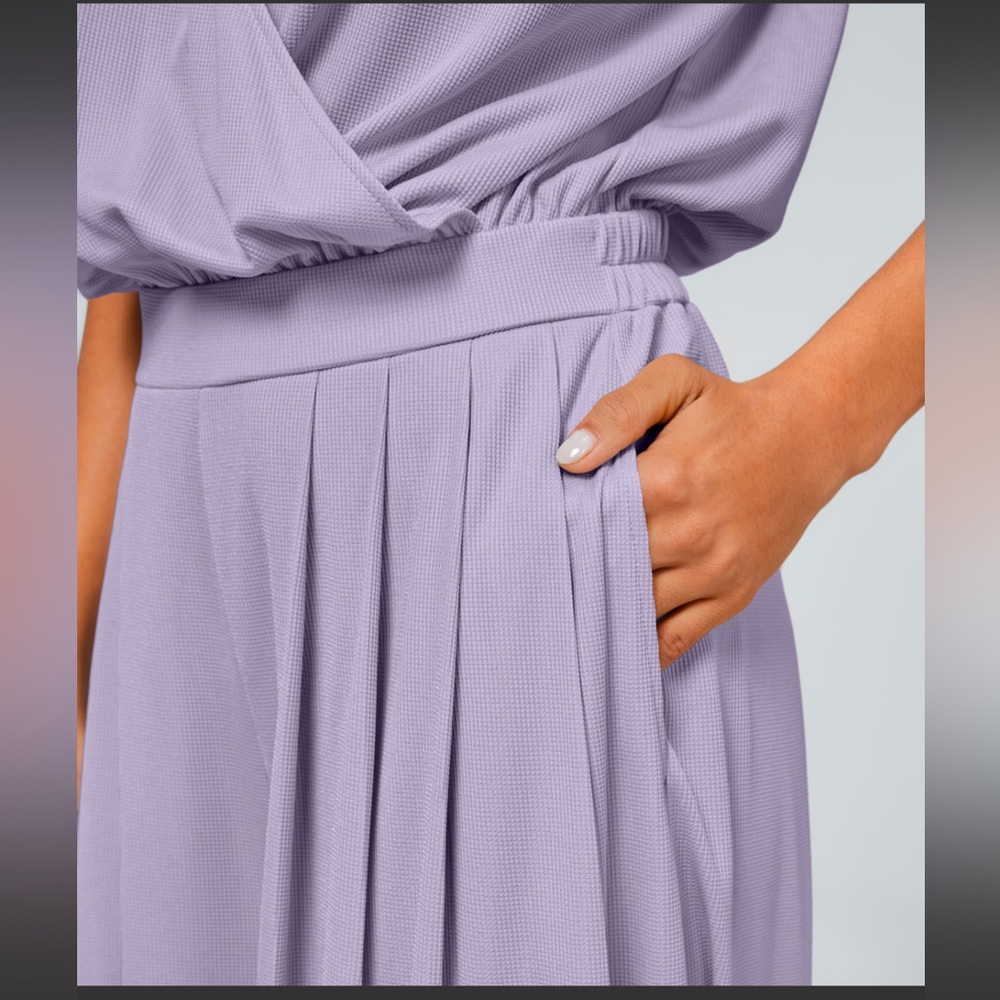 V Neck Short Sleeve Side Pocket Wide Leg Flowy Waffle Casual Jumpsuit | S Petite - Picture 5 of 16